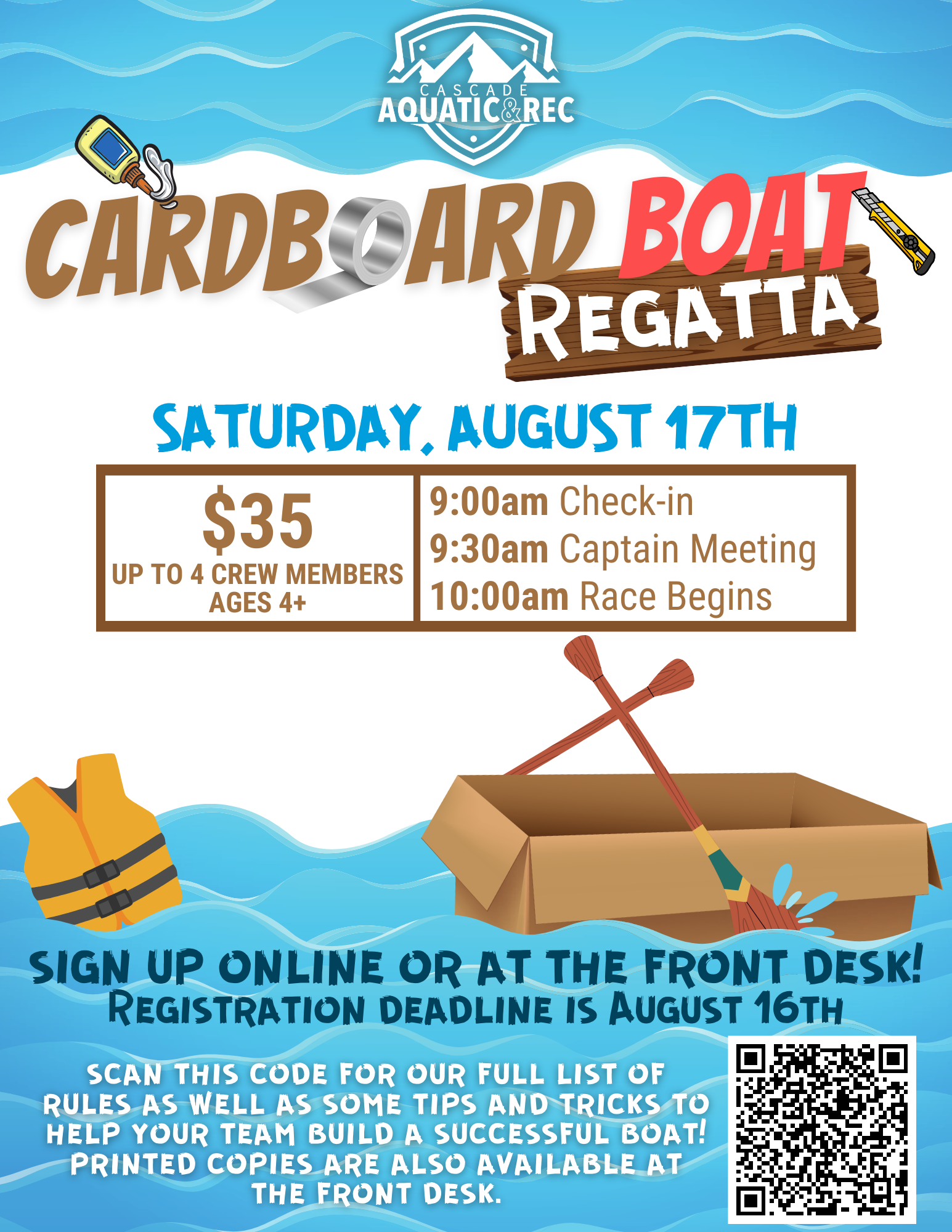 It's a promotional poster for a Cardboard Boat Regatta event with date, schedule, pricing, and a QR code.