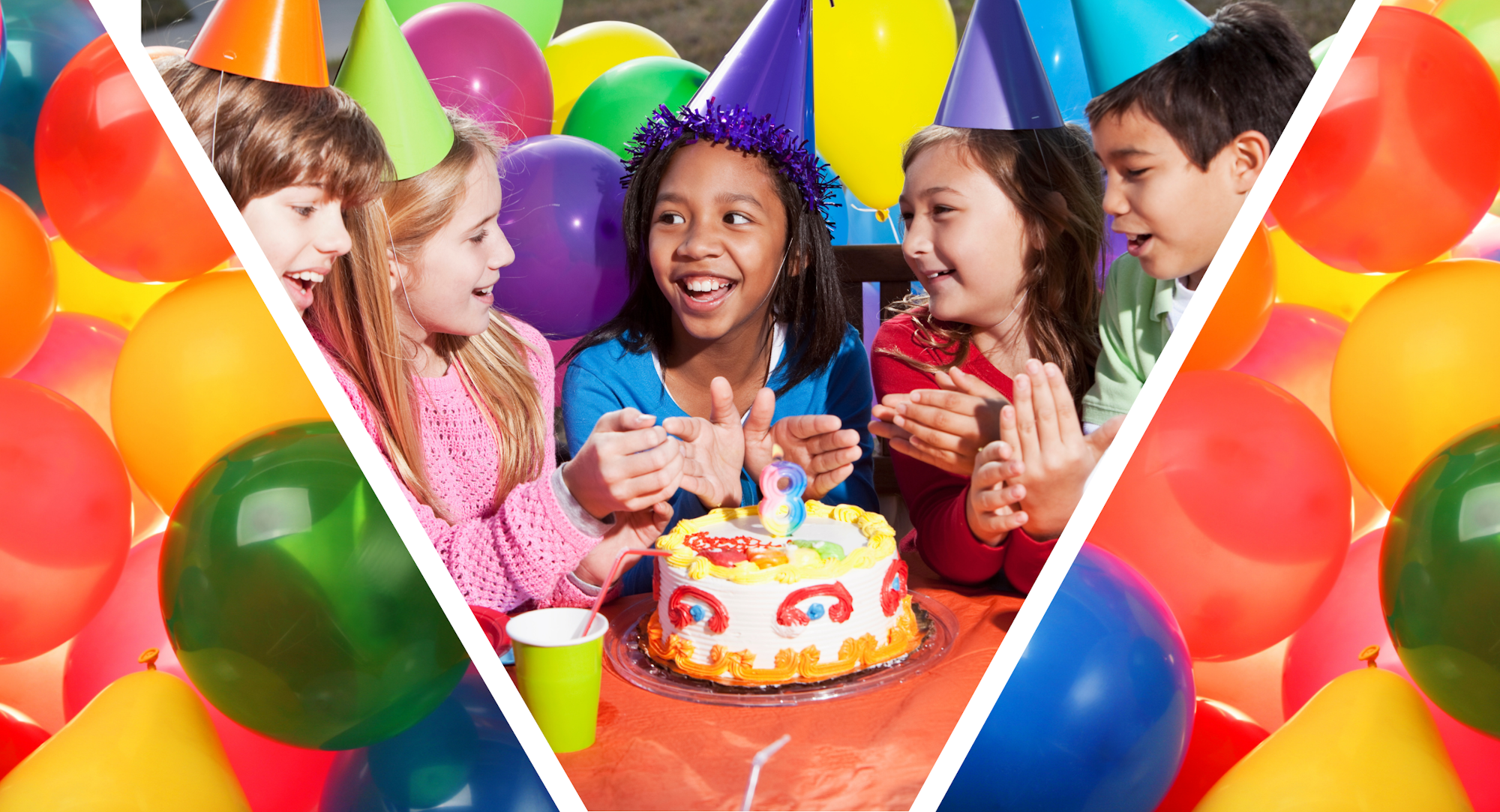 A joyful birthday celebration with children, colorful balloons, party hats, and a cake featuring lit candles.