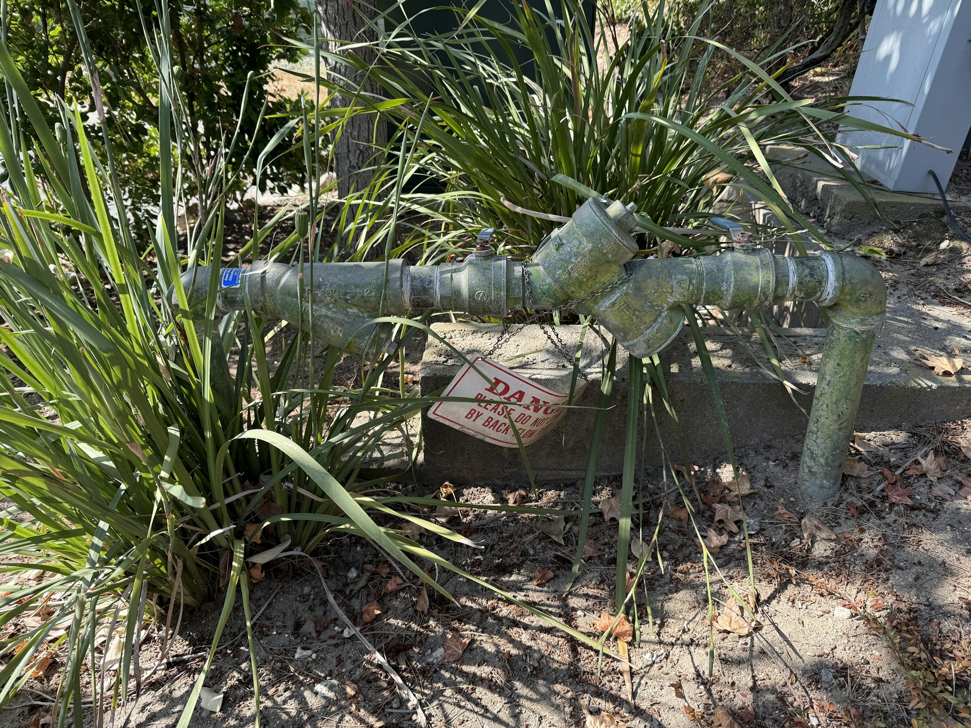 A weathered pipe system partially covered with green algae, surrounded by plants and leaves, with a warning sign beneath it.
