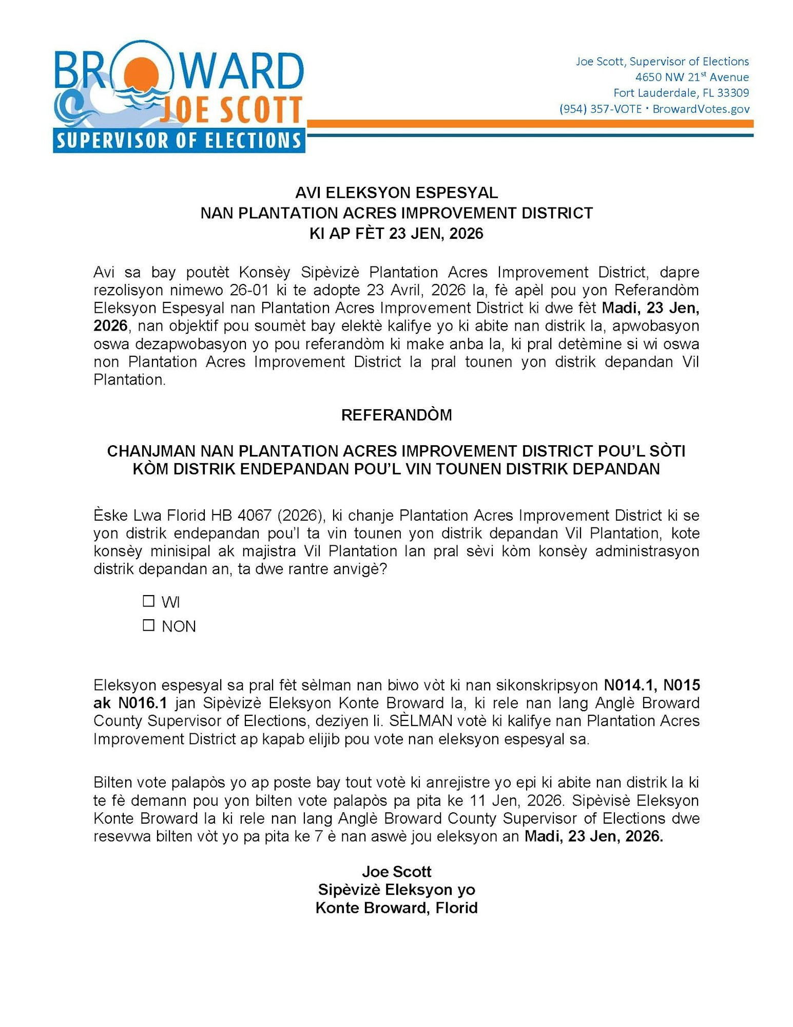 Notice about a special election for the Plantation Acres Improvement District on January 23, 2026, regarding district changes.