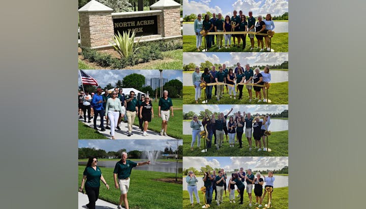 People at North Acres Park participate in a ceremony by a lake, holding shovels, and walking on a path.