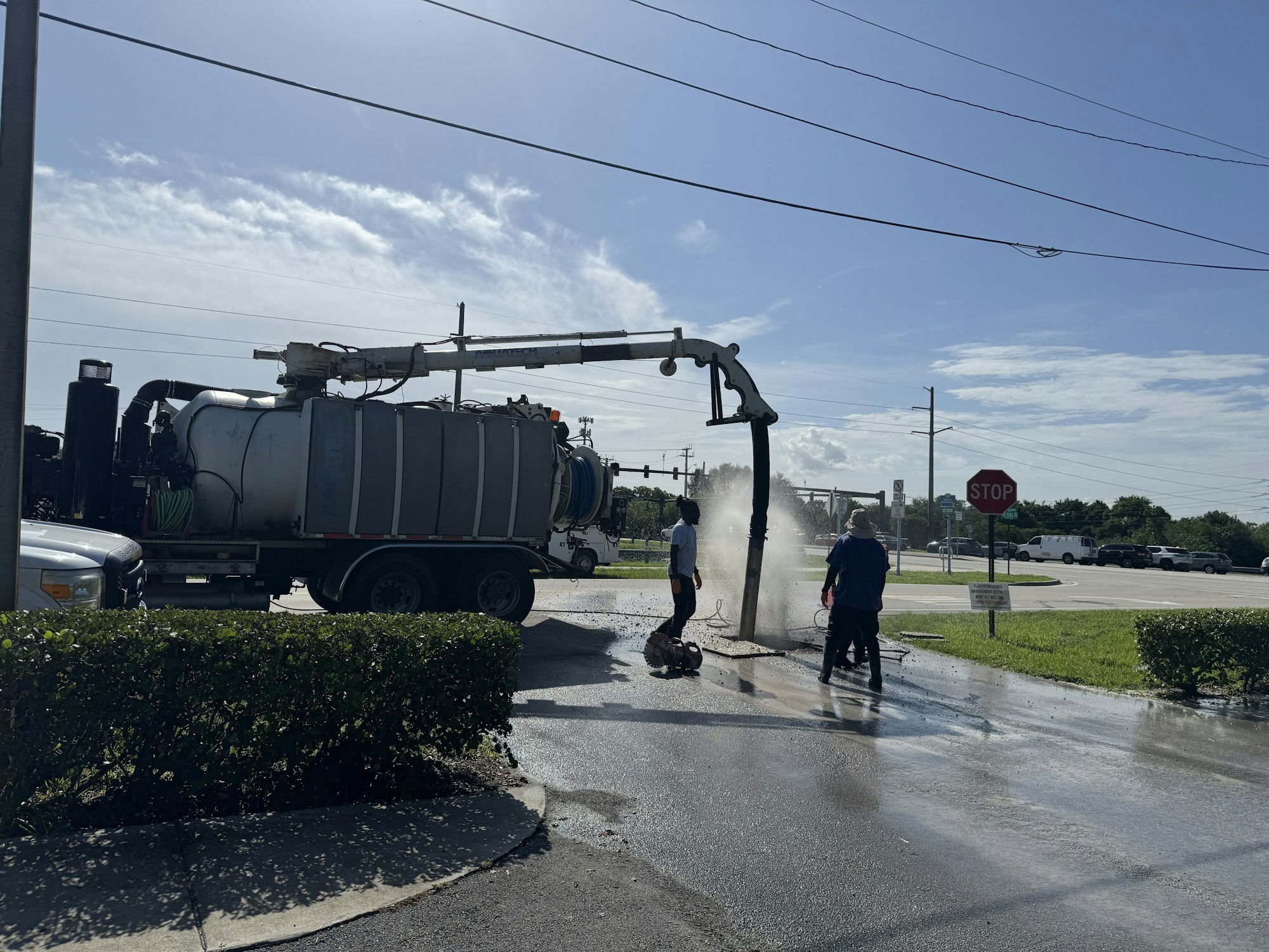 Main water break at P.A.I.D. Headquarter Office's parking lot