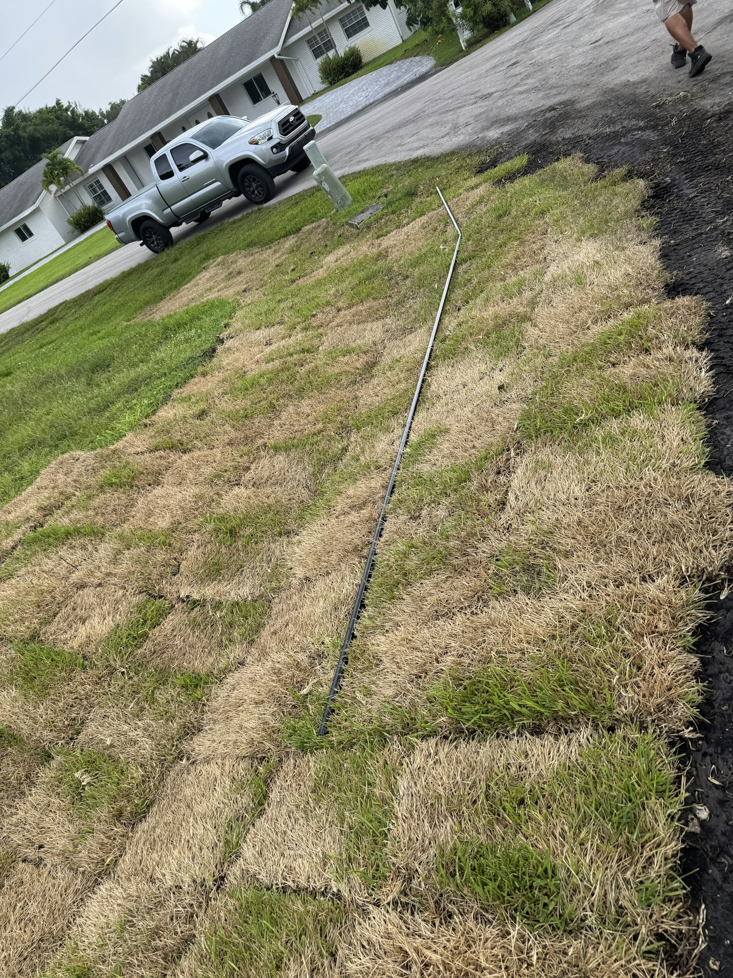 Freshly laid sod on a lawn with a car parked on the street nearby. A person walks on the left.
