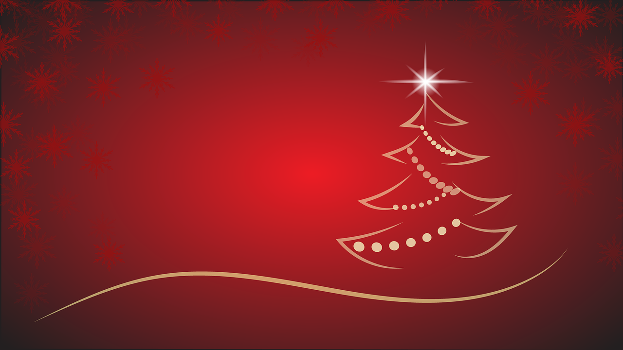 A stylized Christmas tree with a star on top against a red background with snowflake patterns.