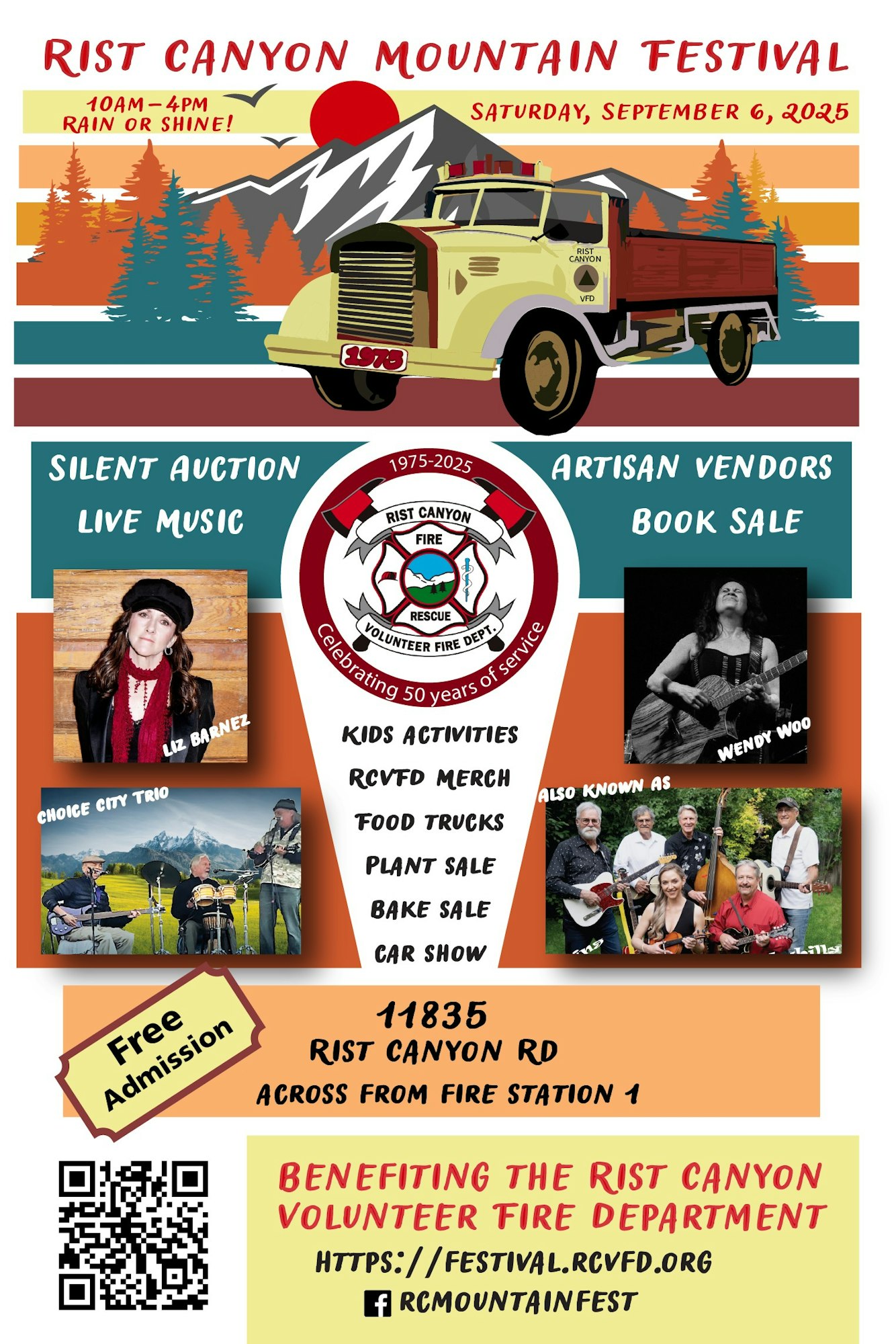 Rist Canyon Mountain Festival, Sept 6, 2025. Live music, artisan vendors, and activities. Free admission. Benefits volunteer fire dept.