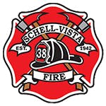 A fire department emblem with a firefighter helmet and crossed axes, labeled "Schell-Vista Fire," established in 1942.
