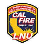 A CAL FIRE badge with "LNU," indicating CA's Department of Forestry & Fire Protection, dating back to 1885.