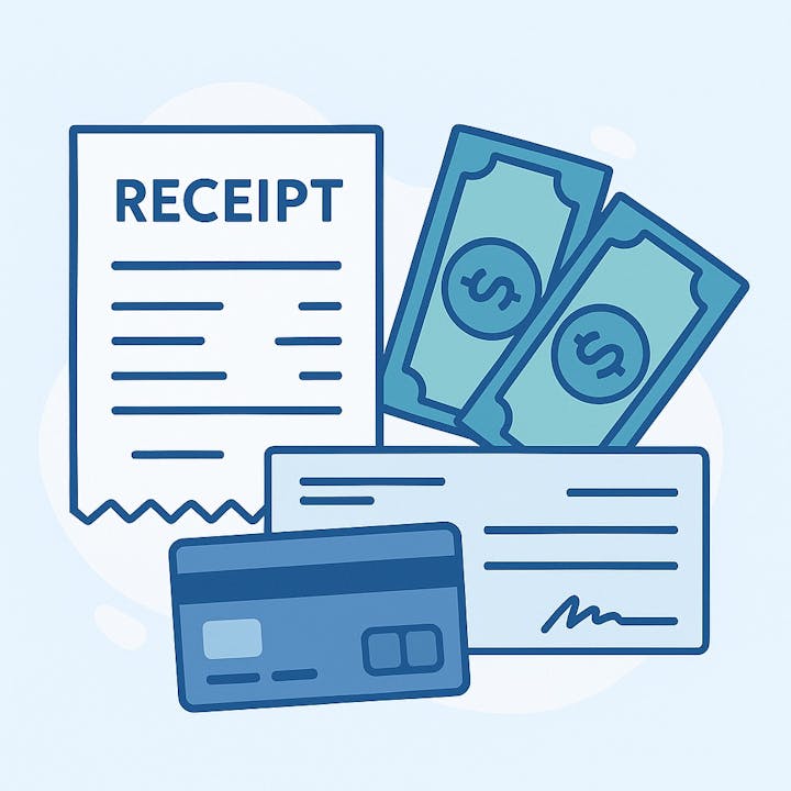 Receipt, cash, credit card, and check illustration on a light blue background.