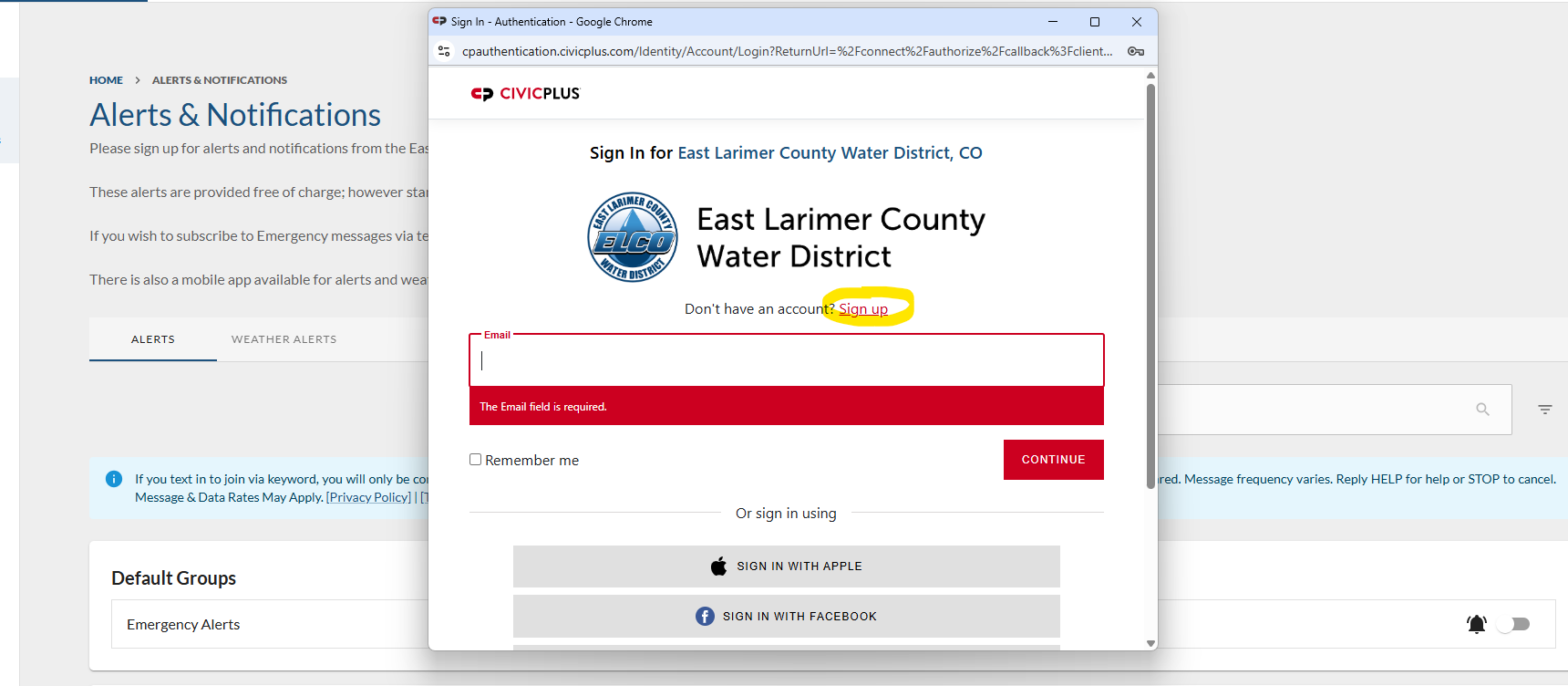 The image shows a sign-in page for the East Larimer County Water District, with options to sign up or log in.