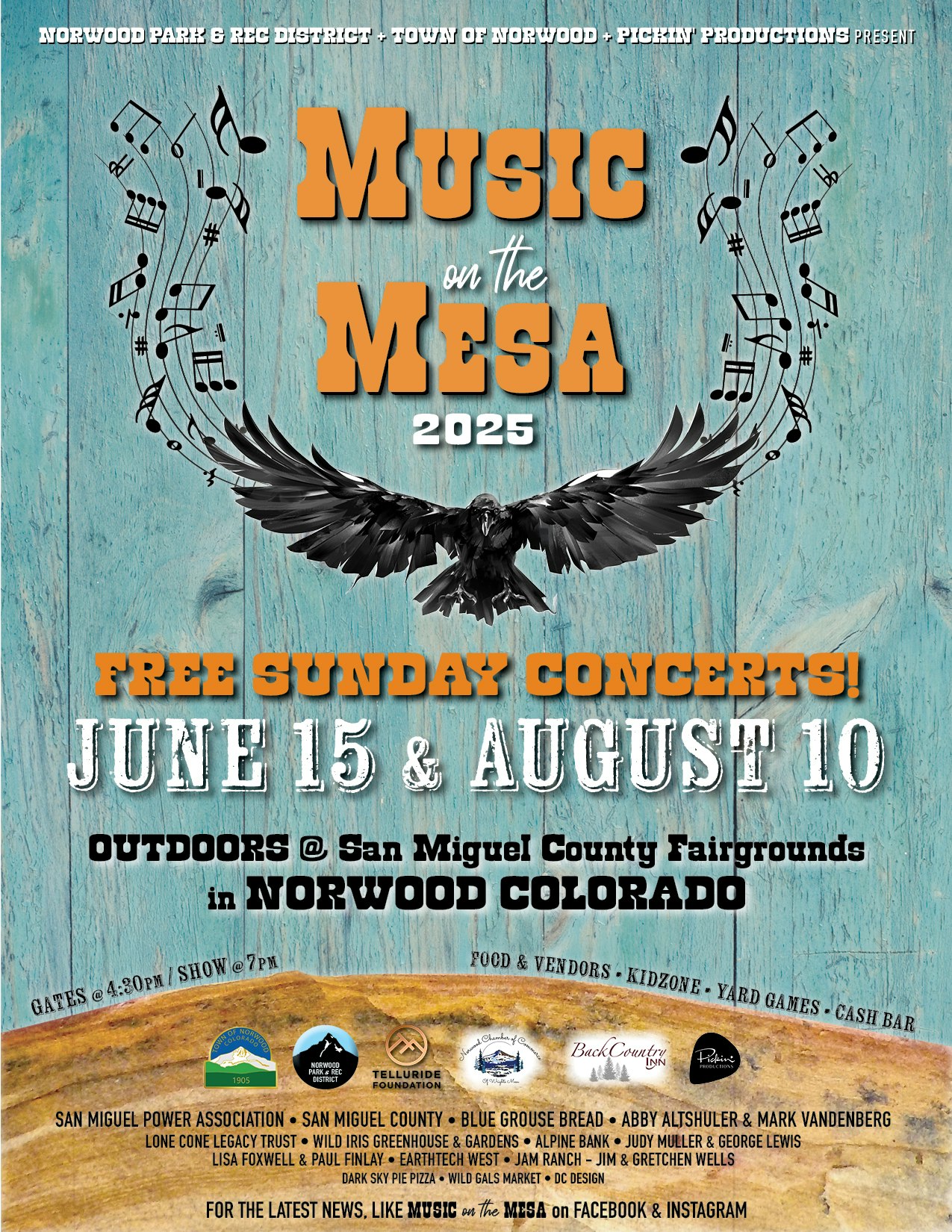 "Music on the Mesa 2025" concerts on June 15 & August 10 in Norwood, Colorado. Gates at 4:30pm, show at 7pm, with food and vendors.