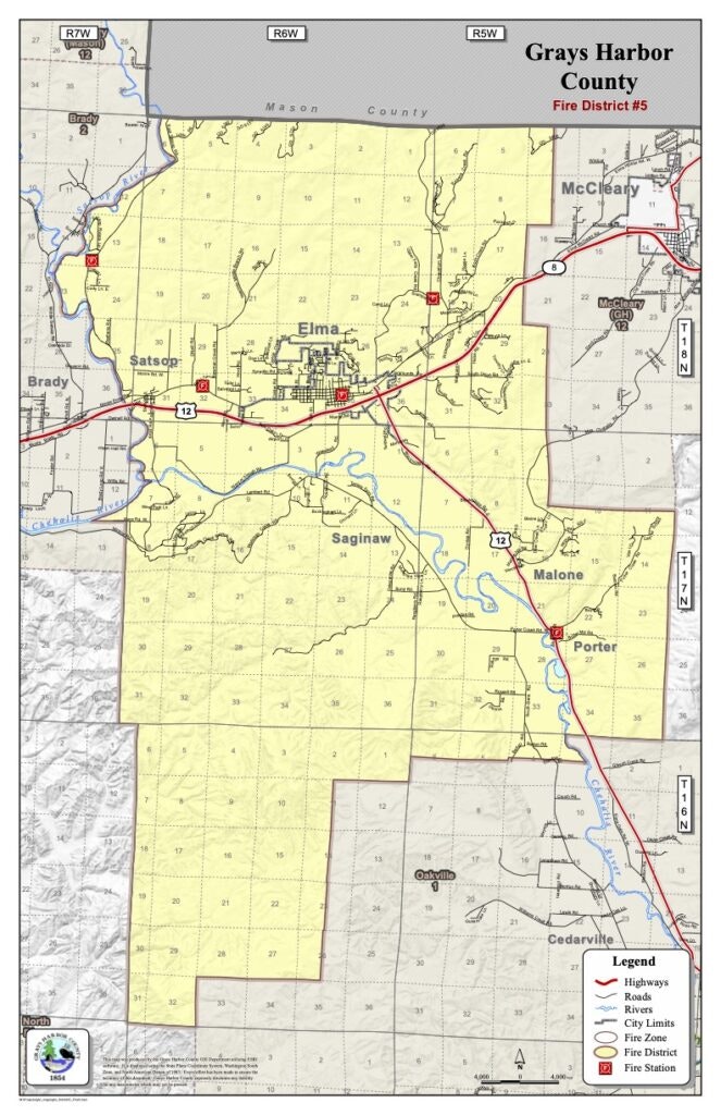 A map of Grays Harbor County, Fire District #5, showing roads, highways, city limits, fire zones, and fire station locations.
