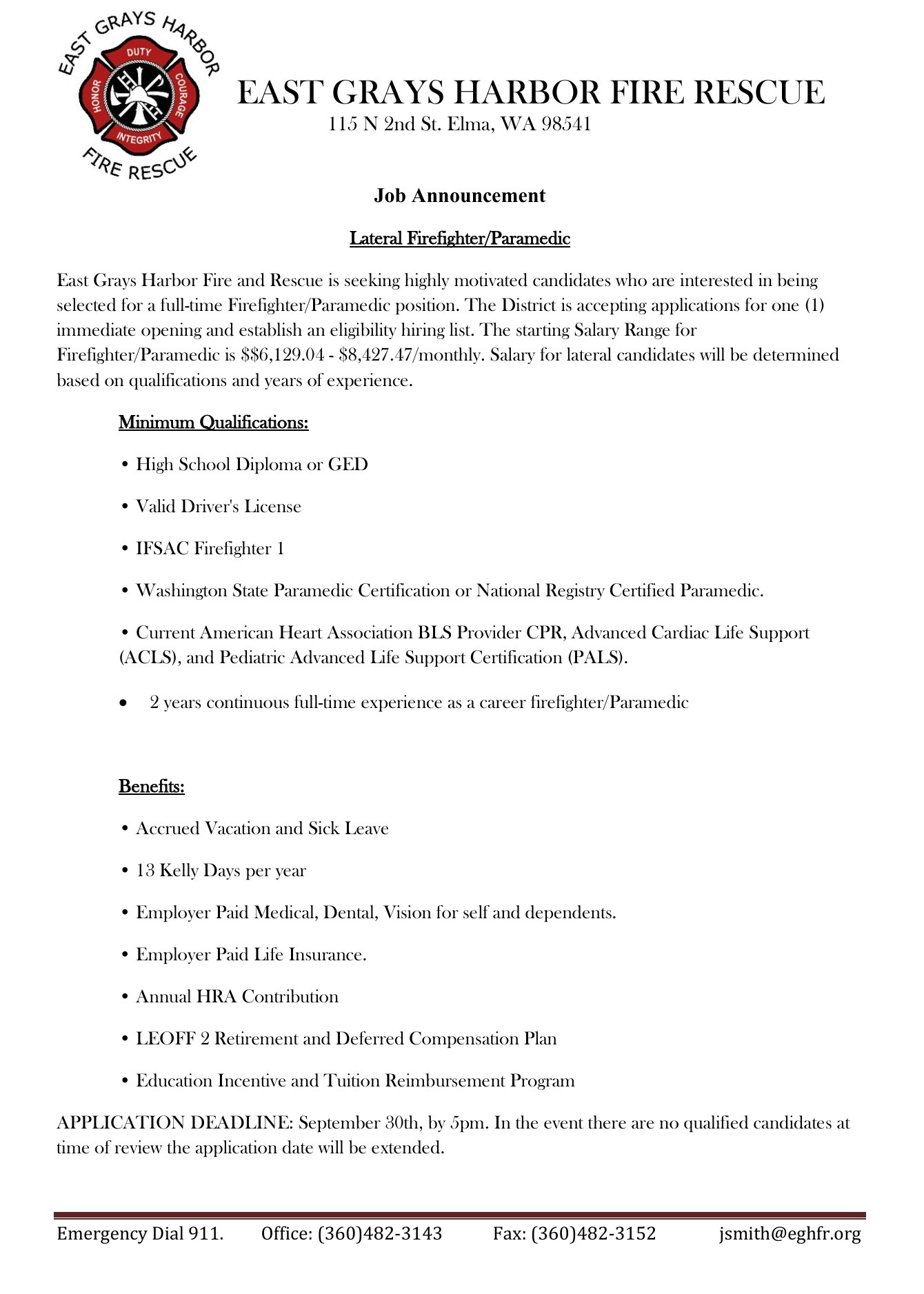 Job ad for Lateral Firefighter/Paramedic at East Grays Harbor Fire Rescue. Deadline: Sept 30. Offers salary, benefits, and education incentives.