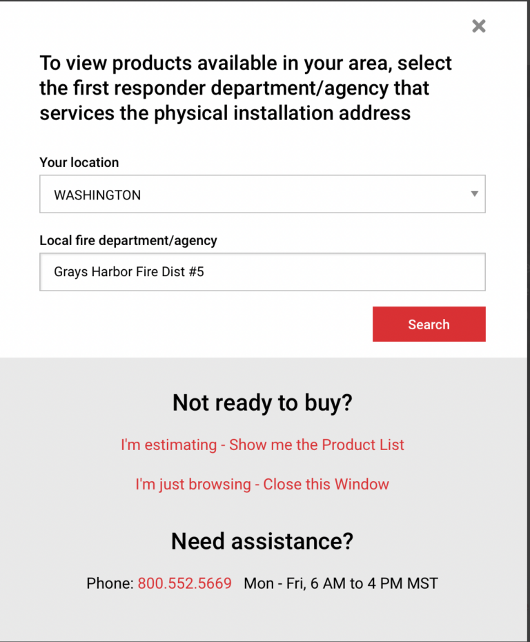 A web interface prompting for location and fire department details to show products, with options for help and browsing.
