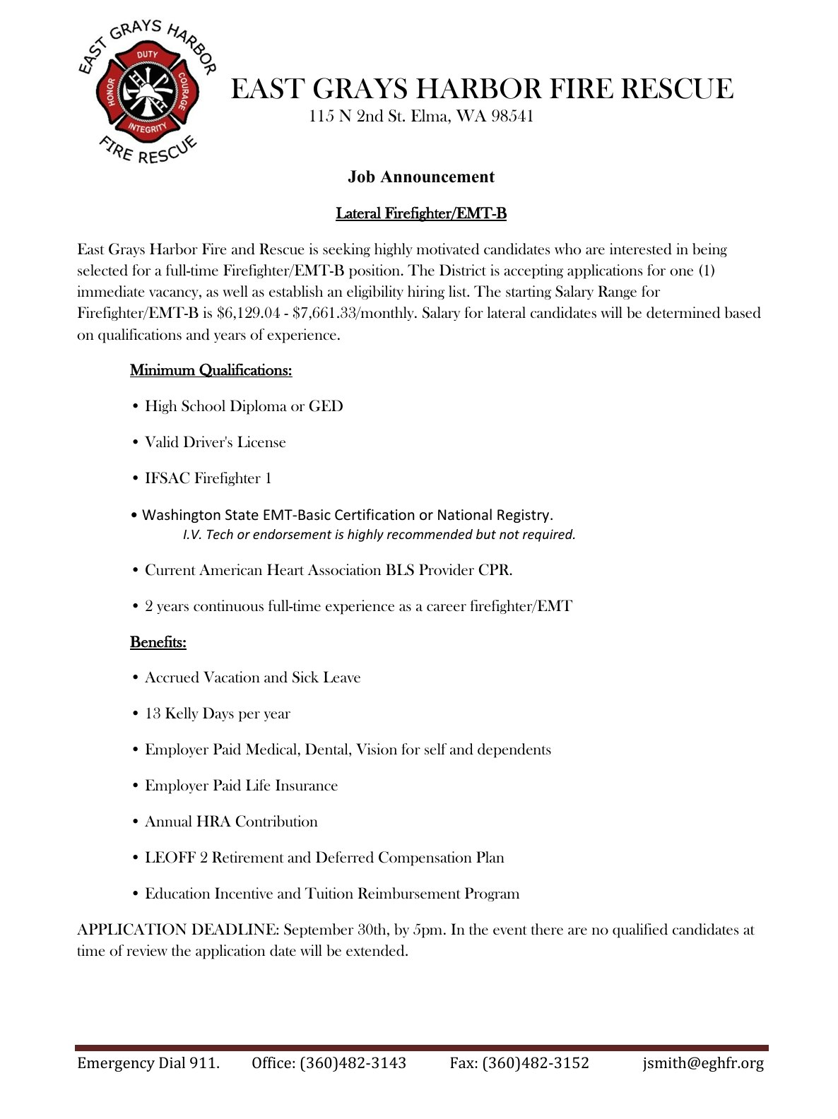 Job announcement for Firefighter/EMT-B at East Grays Harbor Fire Rescue. Includes qualifications, salary, benefits, and application deadline.