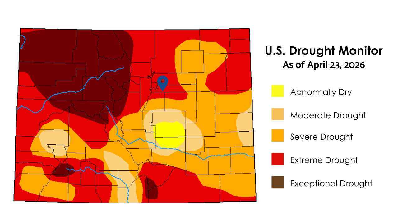 Drought map of the U.S. as of April 23, 2026, showing various drought severity levels from abnormally dry to exceptional drought.