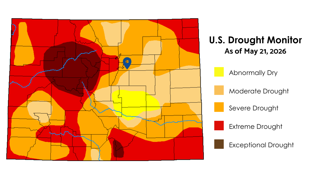 The image shows the U.S. Drought Monitor map of May 21, 2026, with areas experiencing various drought levels indicated by color.