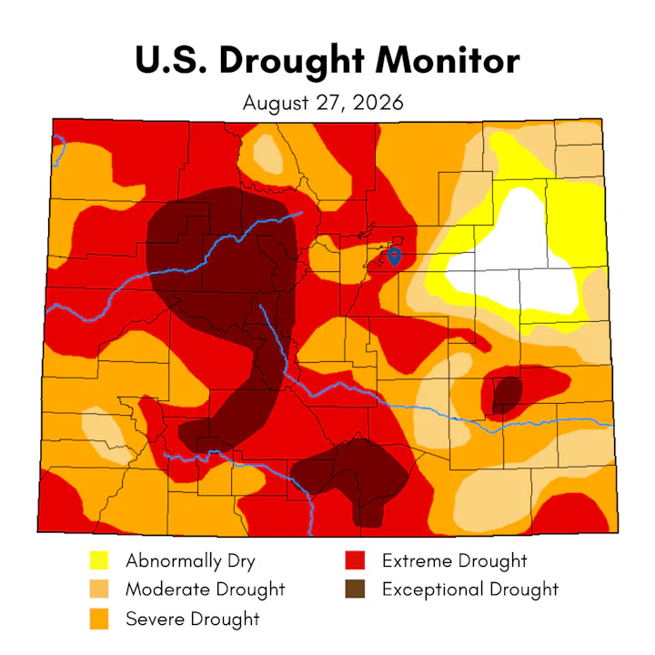 Map showing U.S. drought conditions as of August 27, 2026, with regions categorized from abnormally dry to exceptional drought.