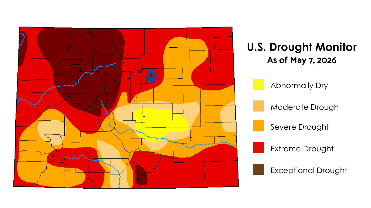 The image shows the U.S. Drought Monitor map from May 7, 2026, with varying drought levels indicated by color coding.