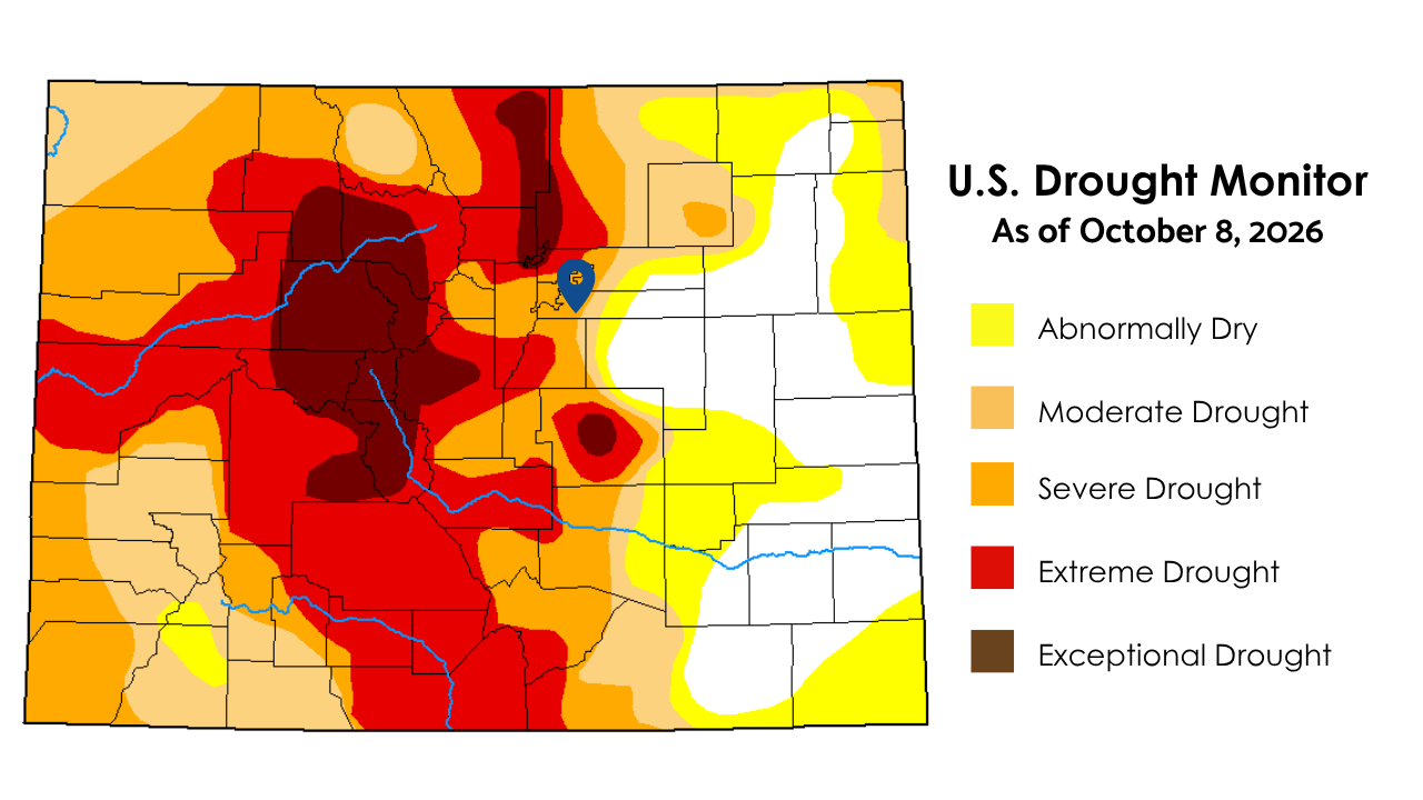 The image is a U.S. Drought Monitor map as of October 8, 2026, showing varying drought levels across regions.