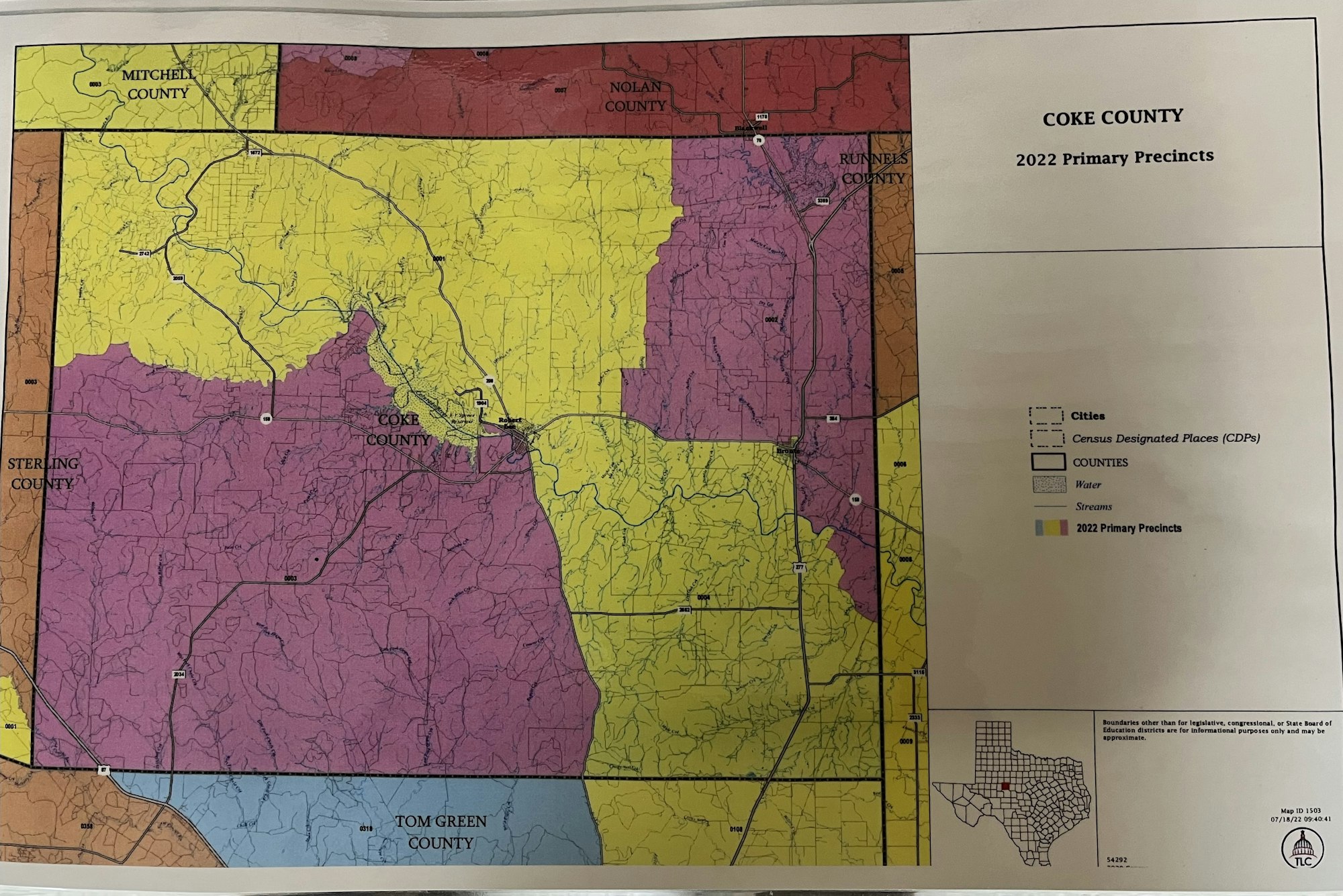Map of Coke County 2022 primary precincts with various colors representing different areas.