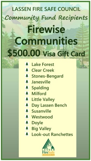 A flyer listing community recipients of a $500 Visa gift card from the Lassen Fire Safe Council's Firewise Communities program.