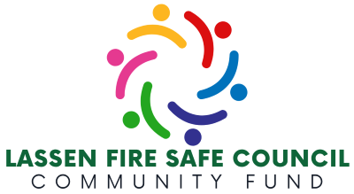 Logo of "Lassen Fire Safe Council Community Fund" with colorful abstract figures forming a circle above the text.