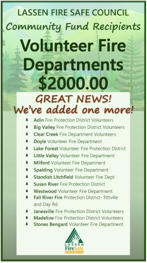 Poster announcing a $2000 fund for Volunteer Fire Departments with a list of recipient departments.