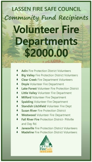 A list of volunteer fire departments receiving $2000 from Lassen Fire Safe Council community fund.