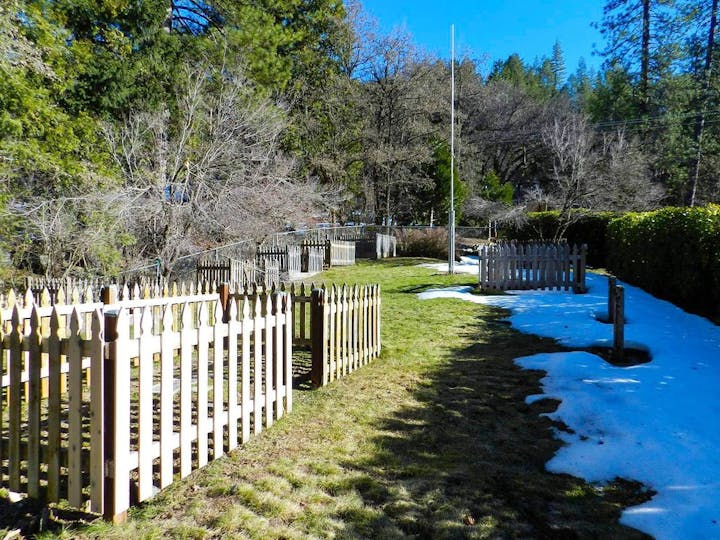 A wooden fence, grass with patches of snow, trees, and a utility pole under a blue sky.