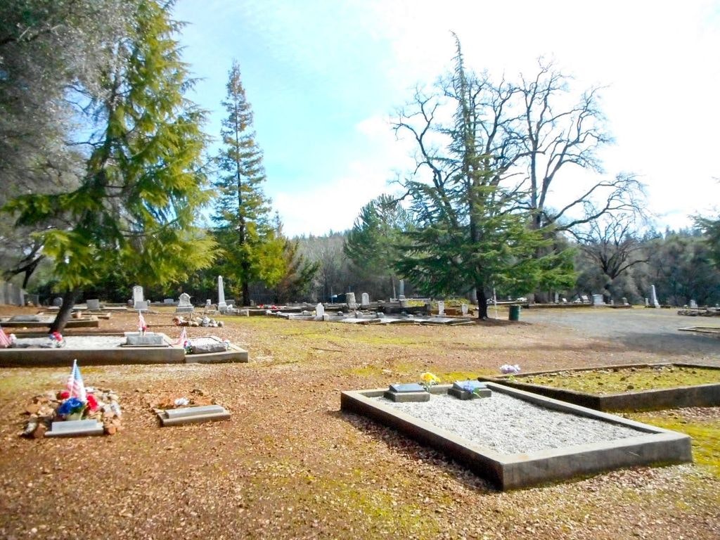 A peaceful cemetery with trees, headstones, and graves under a clear sky.