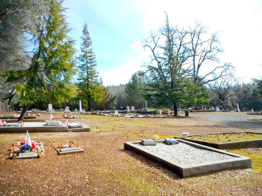 A peaceful cemetery with trees, headstones, and graves under a clear sky.