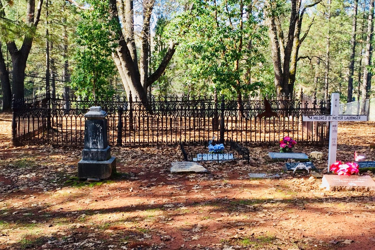 A quaint cemetery with gravestones, a wrought iron fence, surrounded by trees; flowers adorn some graves.