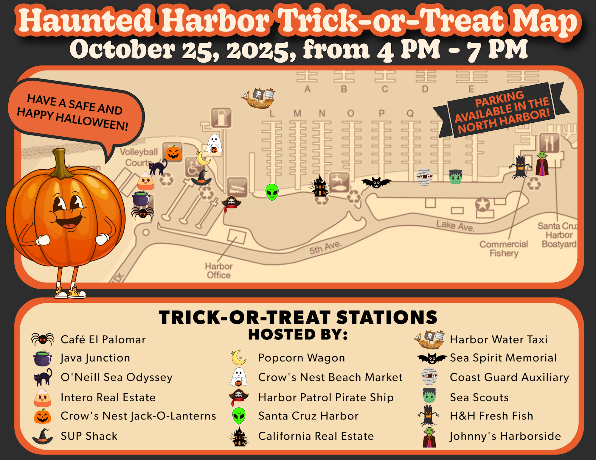 Haunted Harbor Trick-or-Treat Map for October 25, 2025, 4-7 PM. Features trick-or-treat stations and parking info.