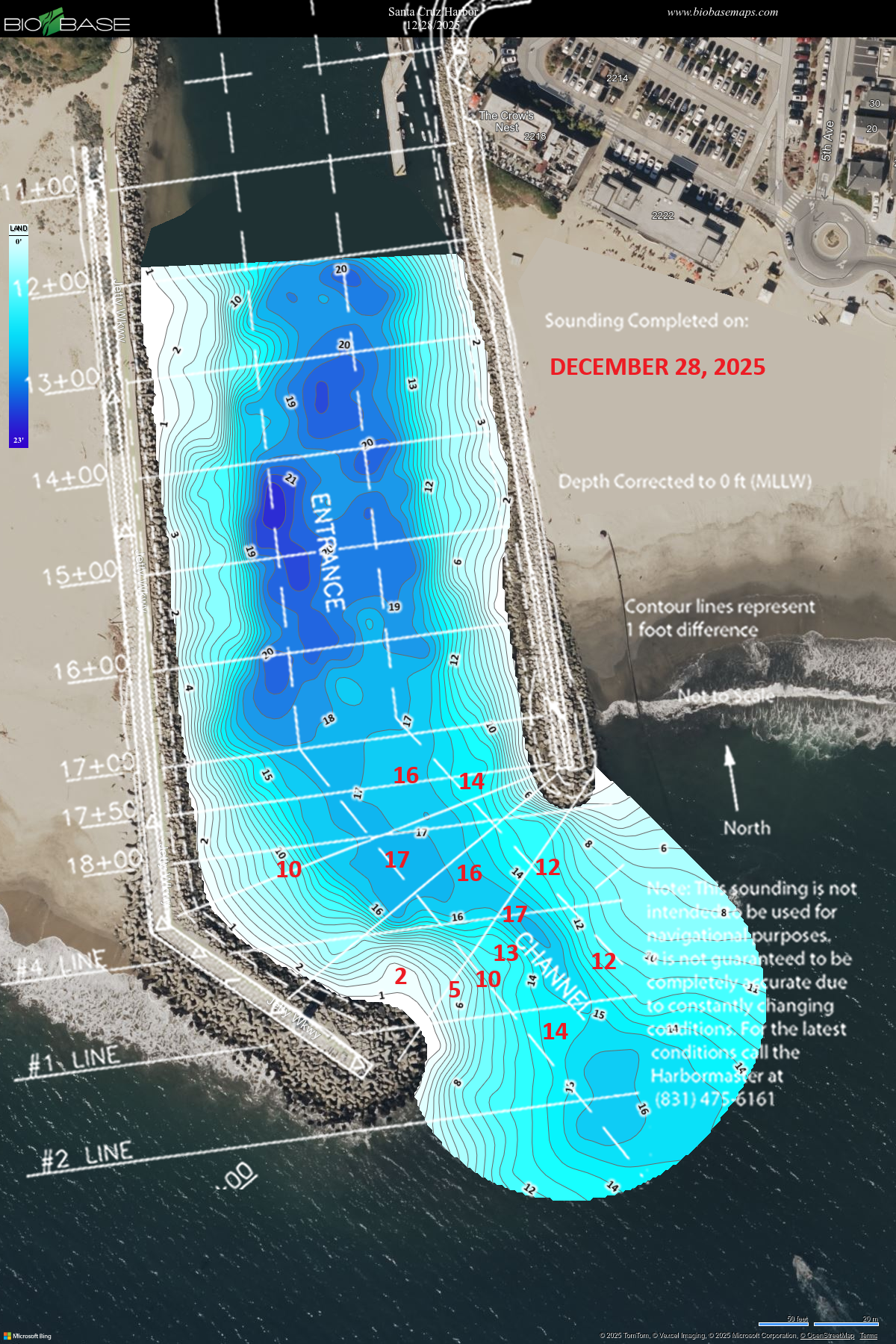 The image is a depth map of a coastal area showing soundings, depths, and features like the entrance and channel, dated December 28, 2025.
