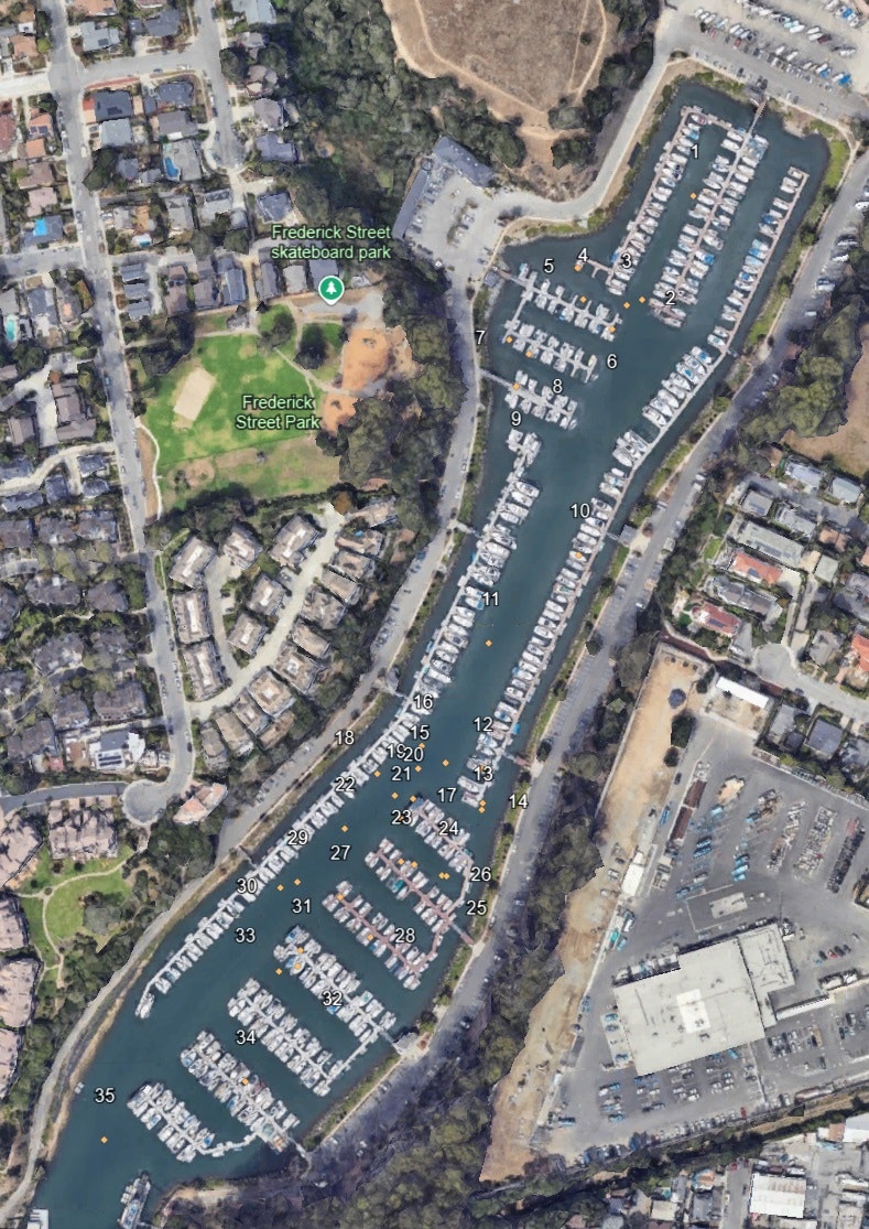 Aerial view of a the north harbor with debris hazards marked.
