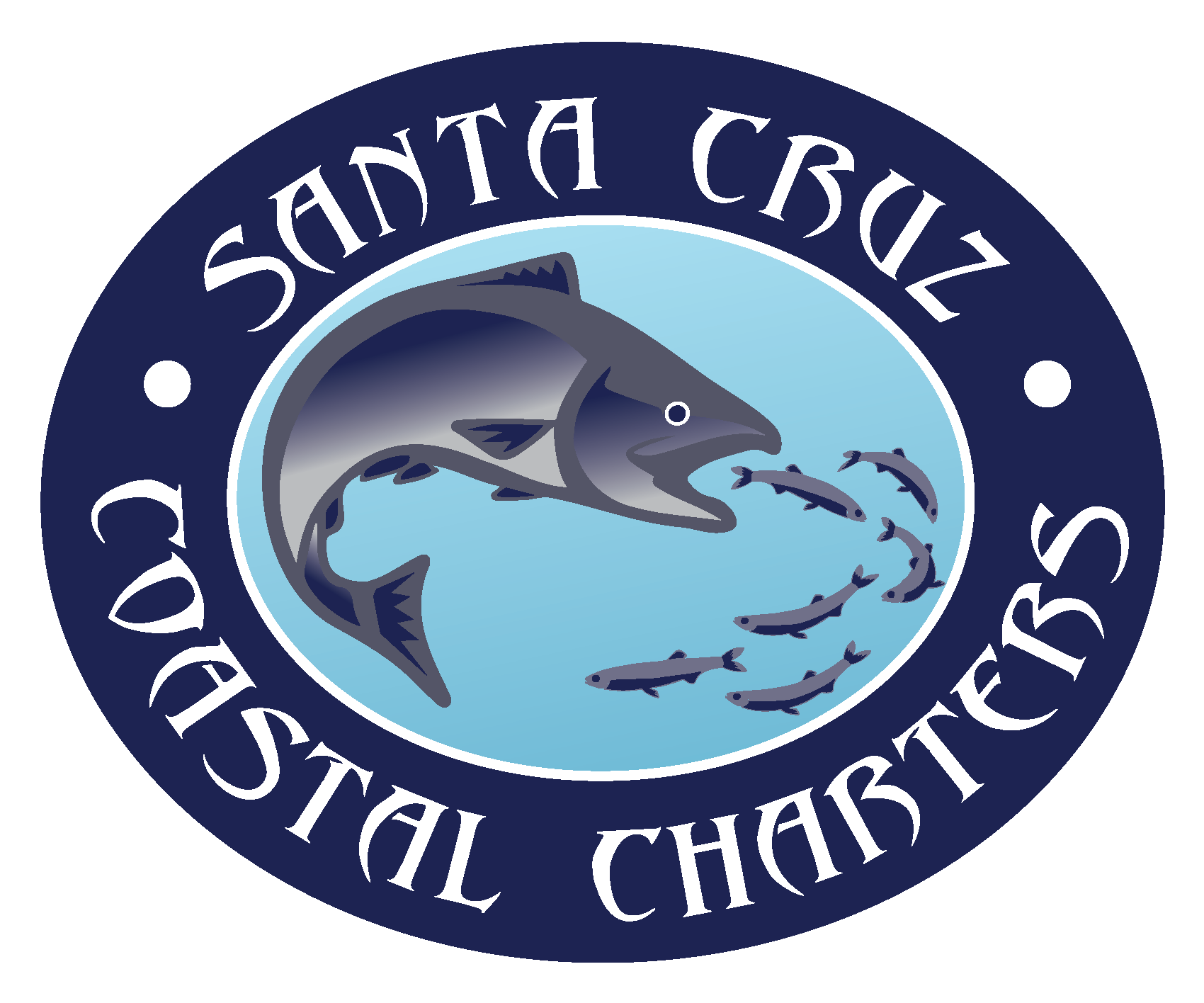 A logo featuring a large fish chasing smaller ones within a blue circle, with text "Santa Cruz Coastal Charters".