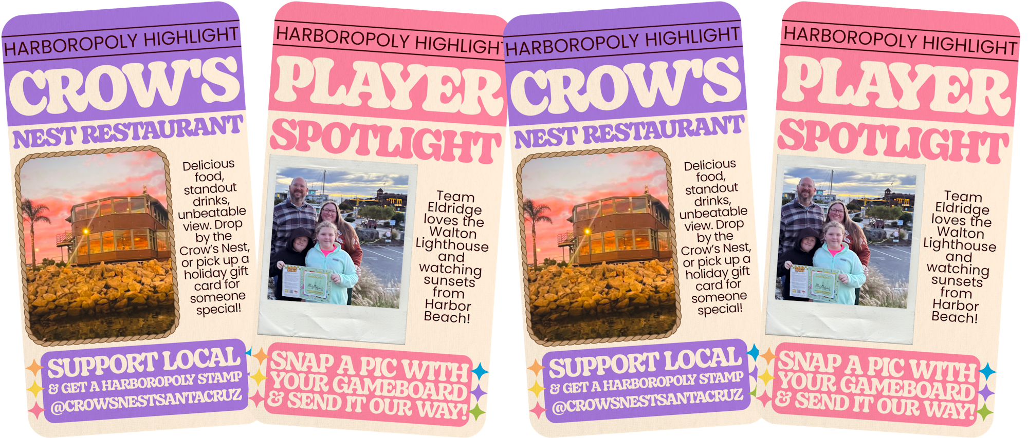 Three panels highlight Crow's Nest Restaurant for its food and view, and feature Team Eldridge enjoying local sights.