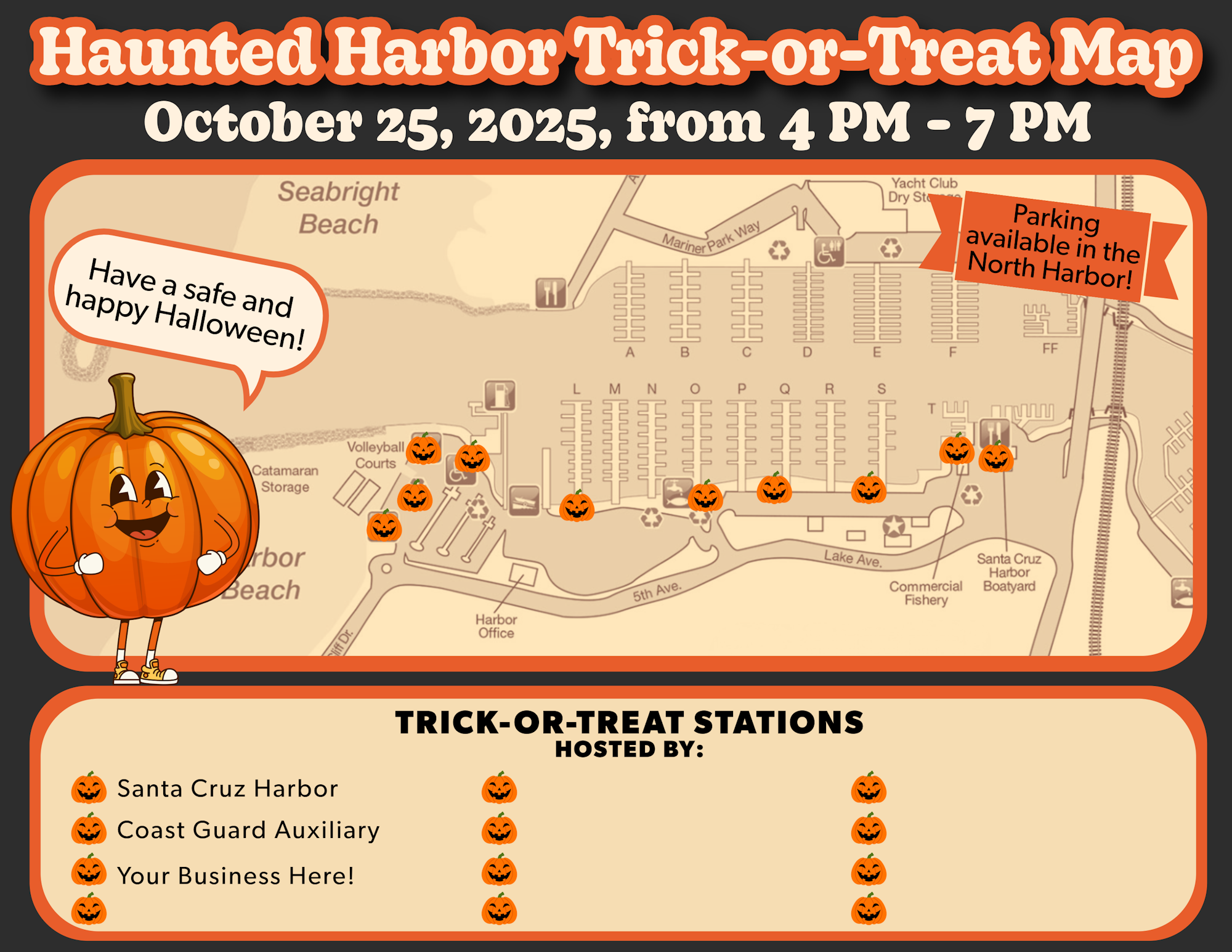 Haunted Harbor Trick-or-Treat Map for October 25, 2025, 4-7 PM. Includes route, parking info, and hosts like Santa Cruz Harbor.