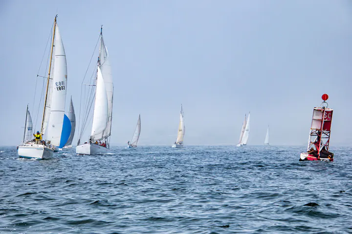 Picture of the 2021 Day on the Bay Regatta, sailboats racing, one mile buoy