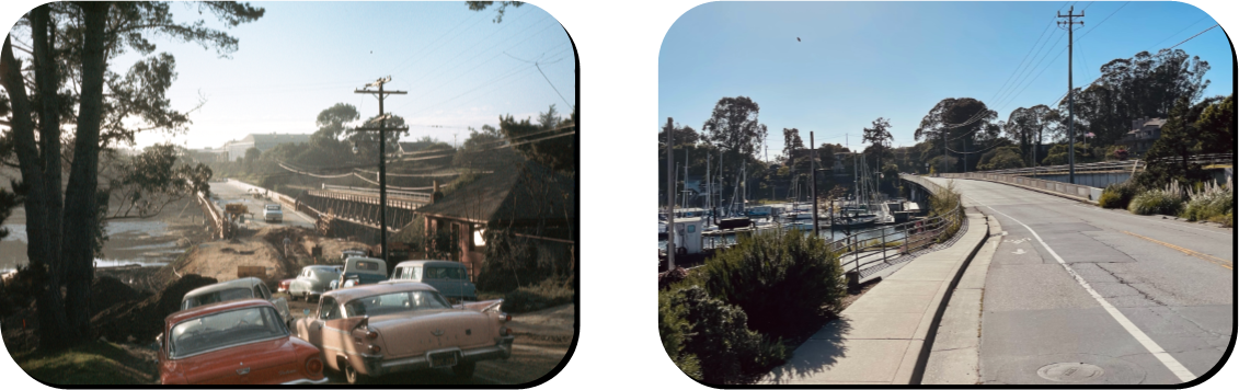 A split-view image contrasting the Murray Street bridge, facing West "Then" and "Now"