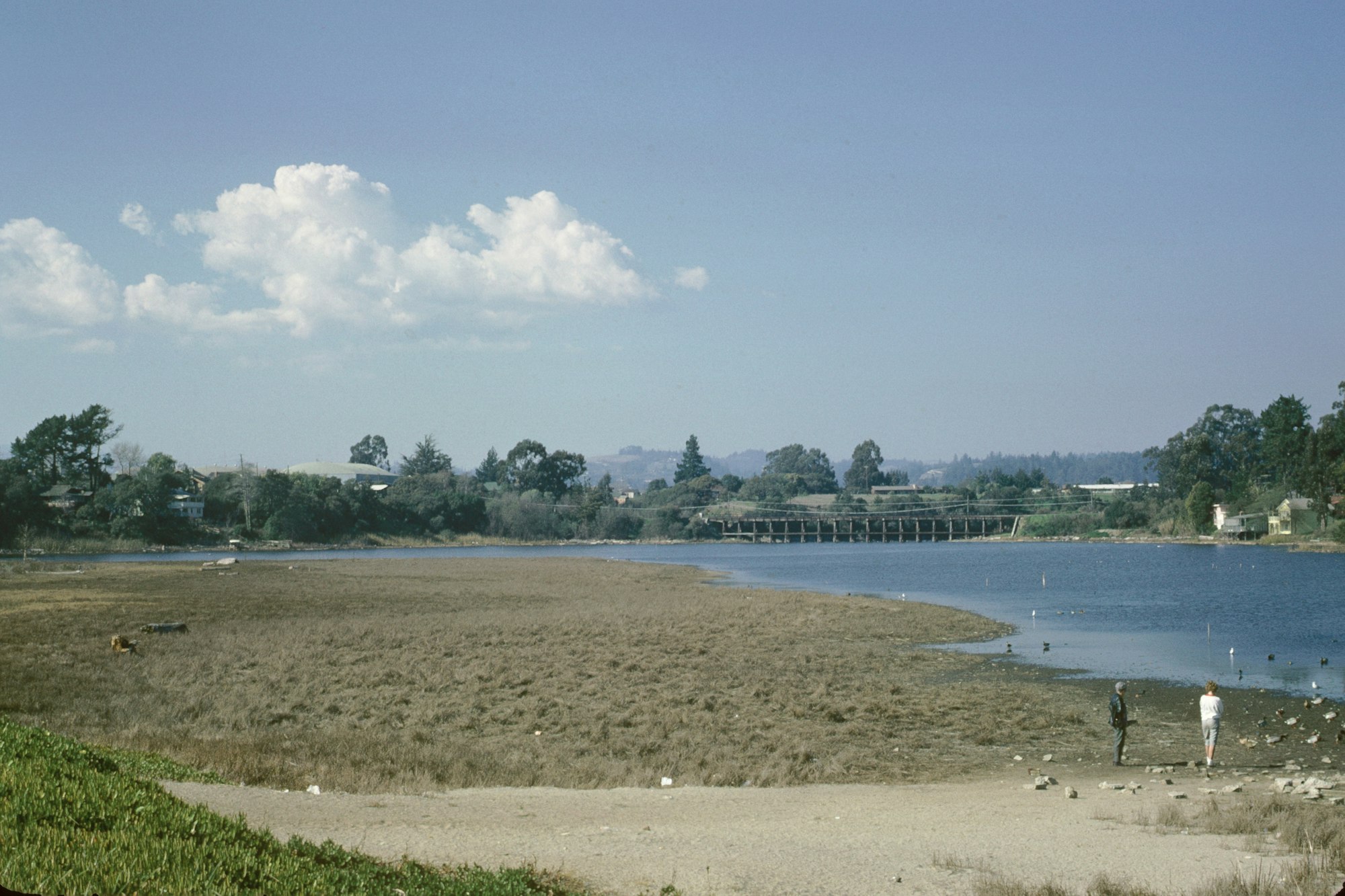 Lake with low water levels, bridge in the distance, clear sky, and two people near the shore.