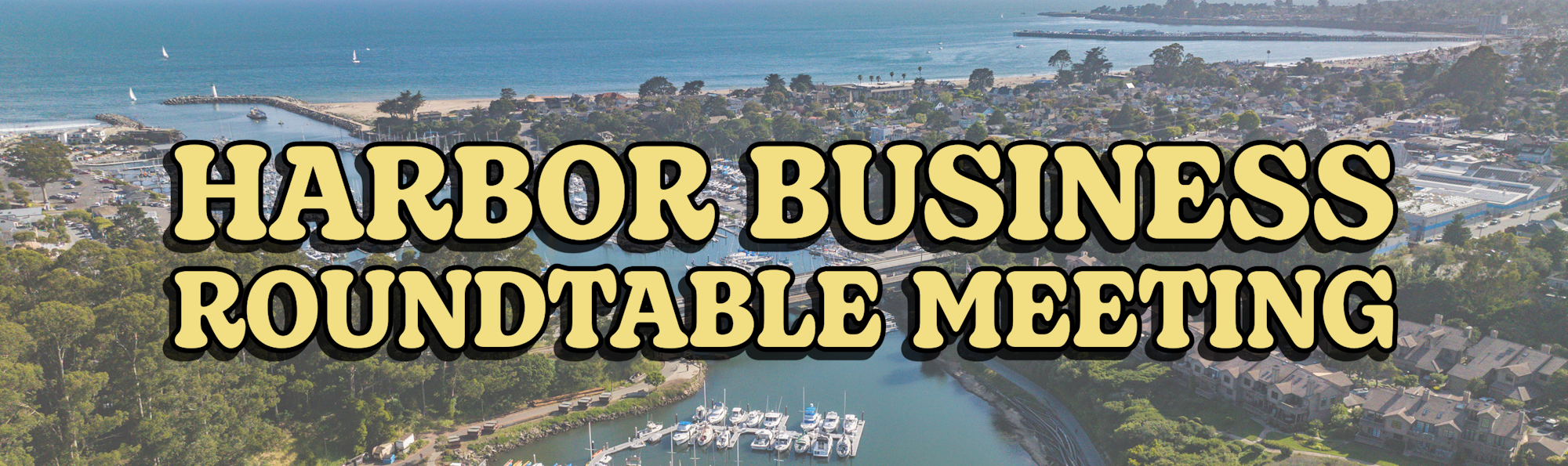 Aerial view of a harbor with buildings and boats, text reads "Harbor Business Roundtable Meeting."