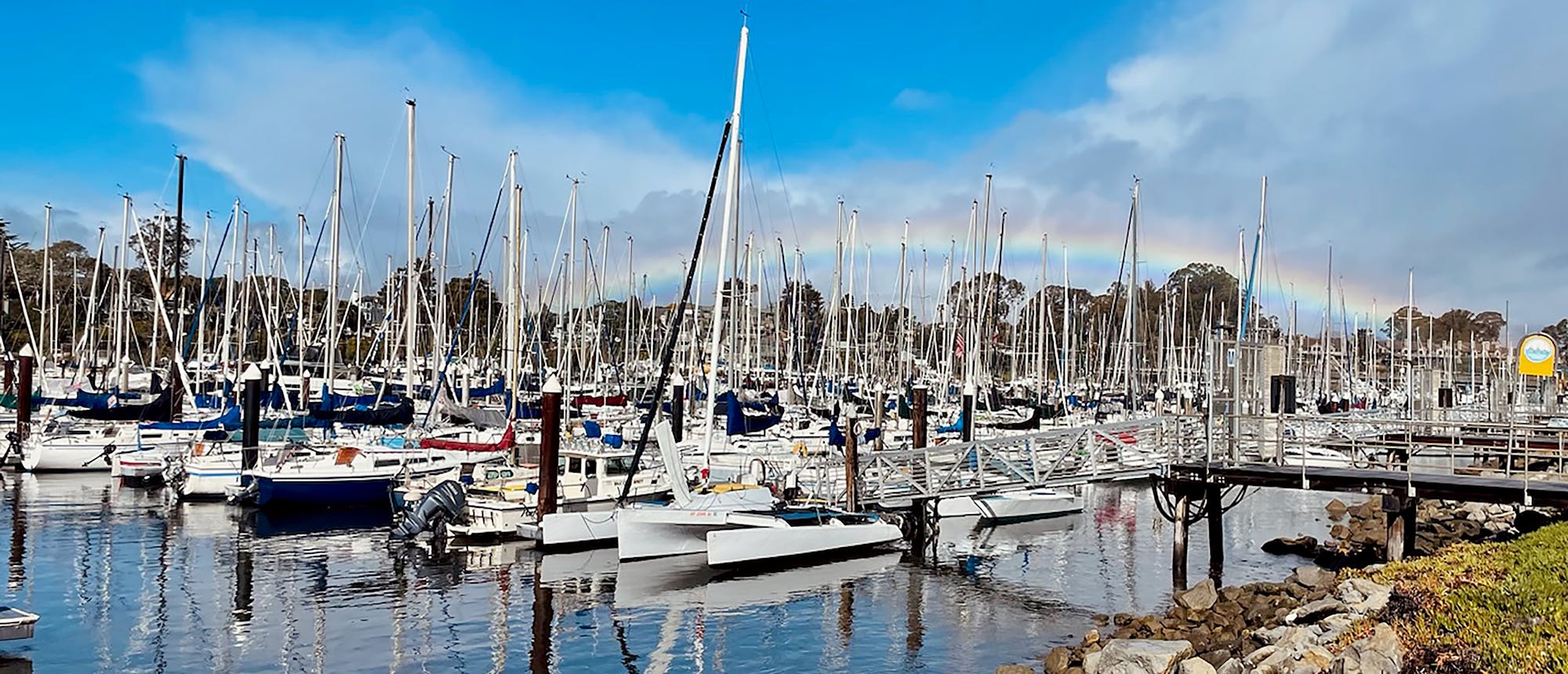 Picture of the south harbor, sailboats, rainbow
