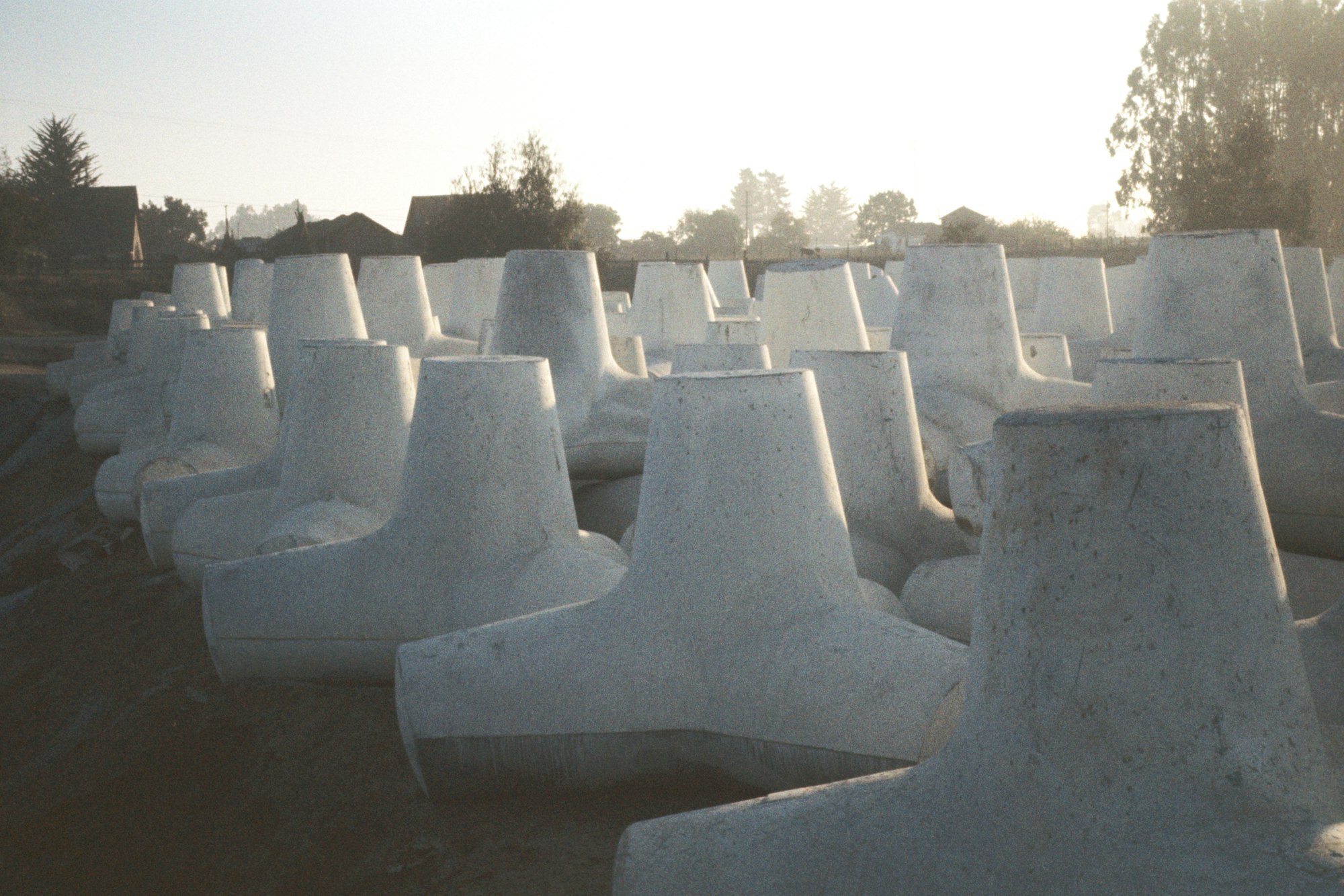 Multiple concrete drainage pipes are stacked outdoors in fading light.