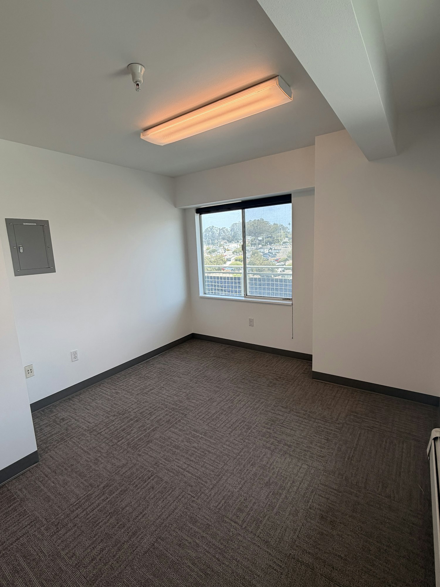 The image shows a plain room with a window and light fixture, featuring carpeted flooring.
