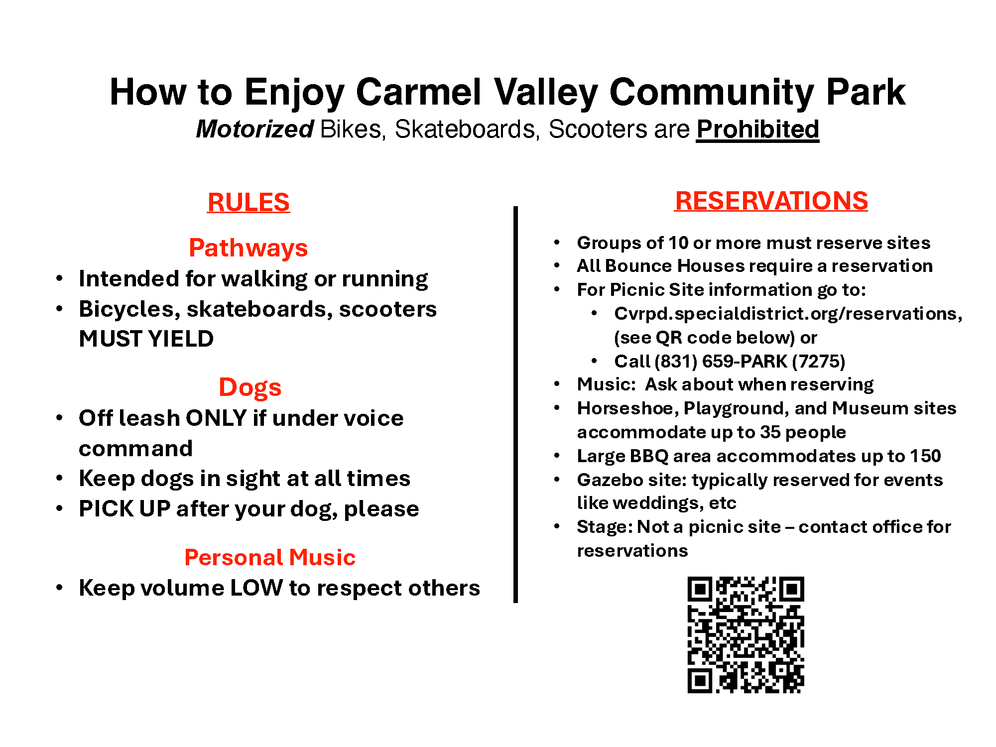 Park rules: no motorized bikes; pathways for walking, dogs must be controlled. Reservations required for groups, bounce houses, and BBQs.
