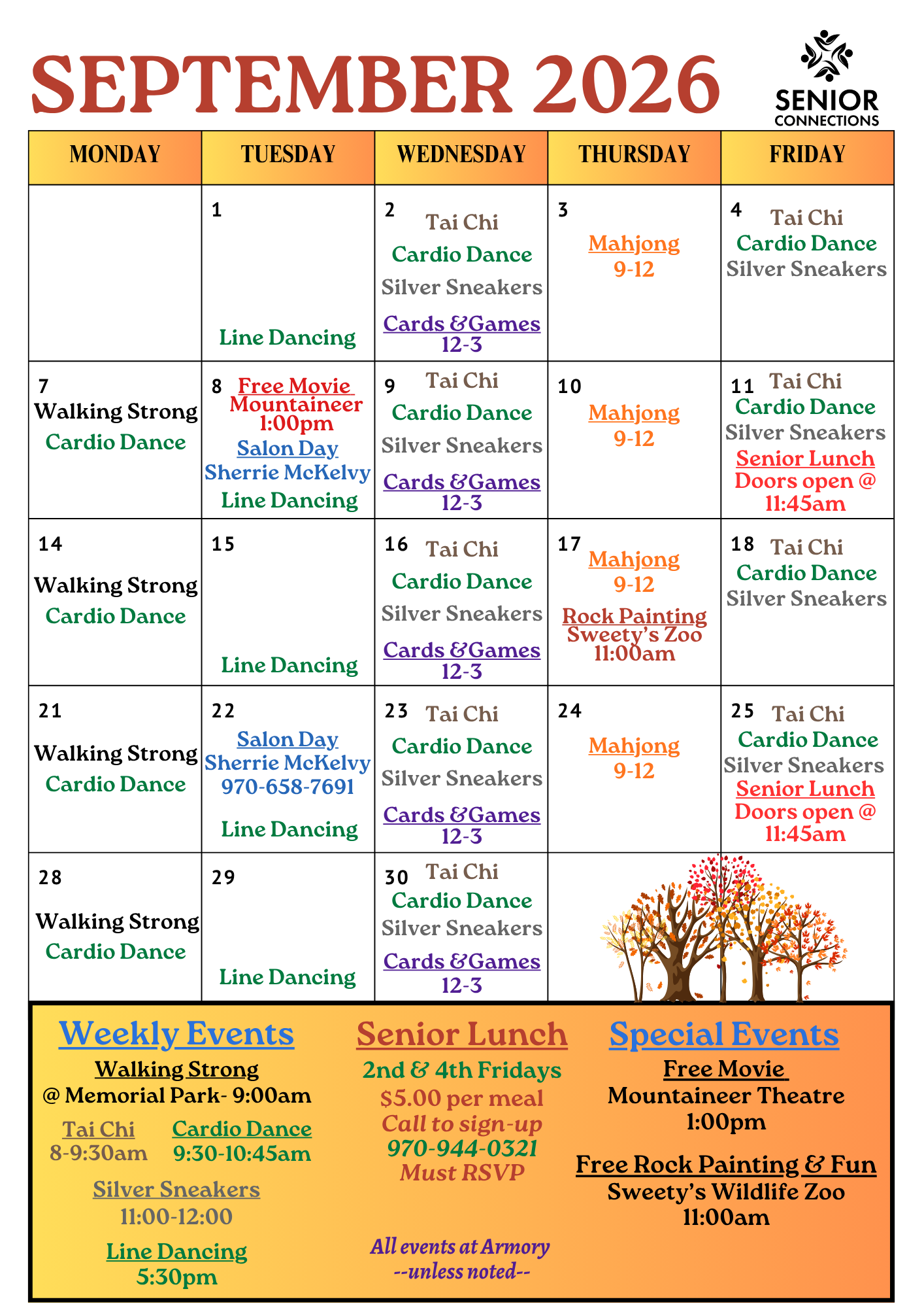 September 2026 schedule for senior activities, including Tai Chi, Cardio Dance, Mahjong, and weekly events like movie screenings and lunches.
