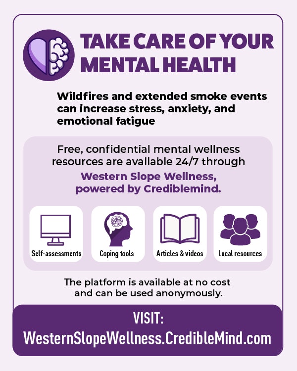 The image promotes mental health resources due to stress from wildfires, offering free, confidential support via Western Slope Wellness.
