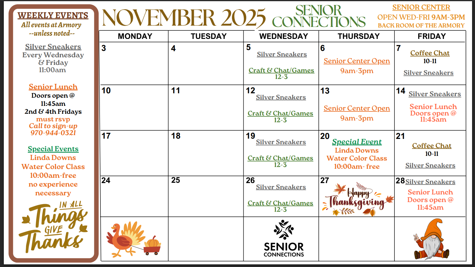 November 2025 calendar for Senior Connections with events like Silver Sneakers, Senior Lunch, Coffee Chat, and a watercolor class.