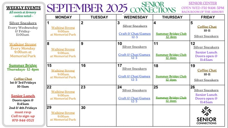 September 2025 Senior Connections calendar with weekly events, such as Silver Sneakers, Walking Strong, Coffee Chat, and Senior Lunch.